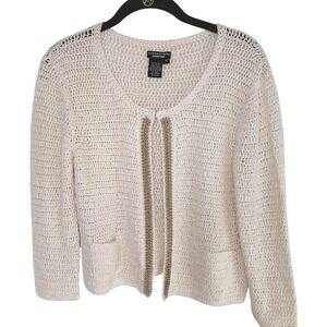 Doncaster Collection Cream Knit Jacket Sz M Gold Chain Trim Open Front Cardigan‎